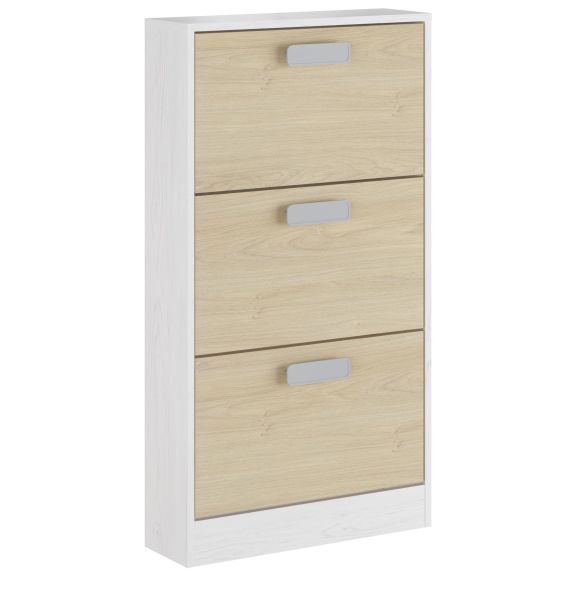 Zapatero 3 Puertas, Zapatero Estrecho, Acabado en Color Blanco y Roble, Medidas: 108 cm x 60 cm x 17 cm