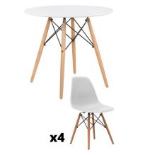 Conjunto Mesa y Sillas Nórdicas: Mesa Blanca (80x80x76 cm) + 4 Sillas con Patas de Madera Haya (46,5 x 48 x 82 cm)