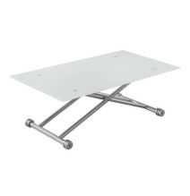 Mesa de Centro Elevable, Cristal de 8 mm y Estructura con Ruedas - Tapa Color Blanco, Mueble Moderno - Medidas 120x70x40-75 cm