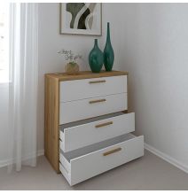 Cómoda con 4 Cajones, para Dormitorio, Acabado en Color Blanco y Roble, Medidas: 88 cm (Ancho) x 86 cm (Alto) x 48 cm (Fondo)