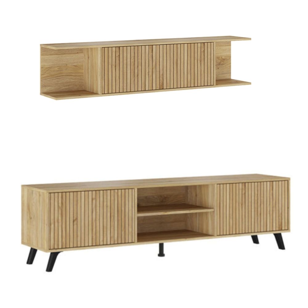 Conjunto de Salón Mueble Completo: Bajo TV, Vitrina, Estantería Decorativa y 2 Estantes - Color Mauvella Rayas