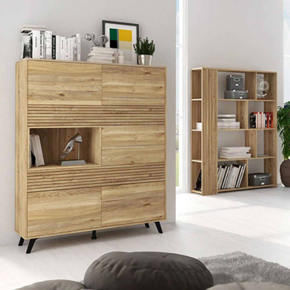 Conjunto de Salón Mueble Completo: Bajo TV, Vitrina, Estantería Decorativa y 2 Estantes - Color Mauvella Rayas