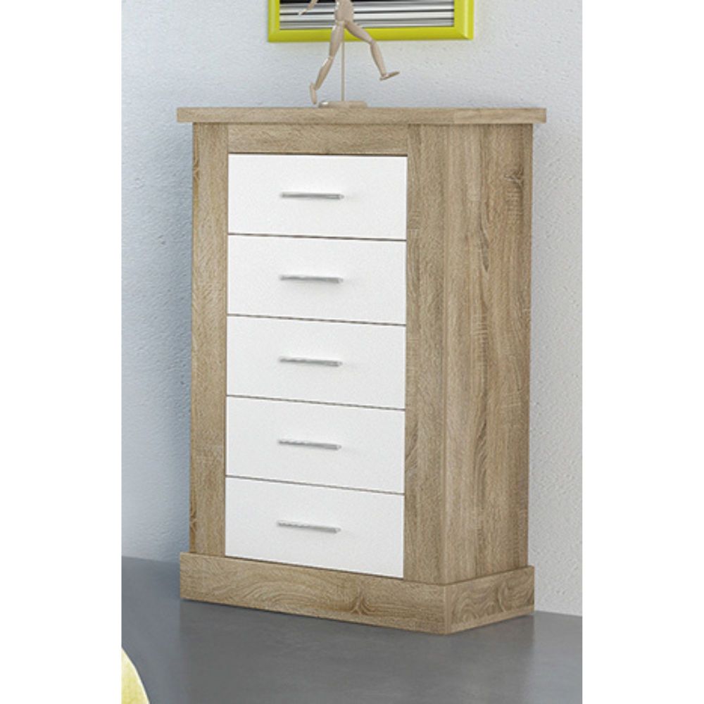 Cómoda, Sinfonier 5 Cajones, Acabado en Blanco y Cambrian, Medidas: 66 cm (Ancho) x 107 cm (Alto) x 39,6 cm de (Fondo)